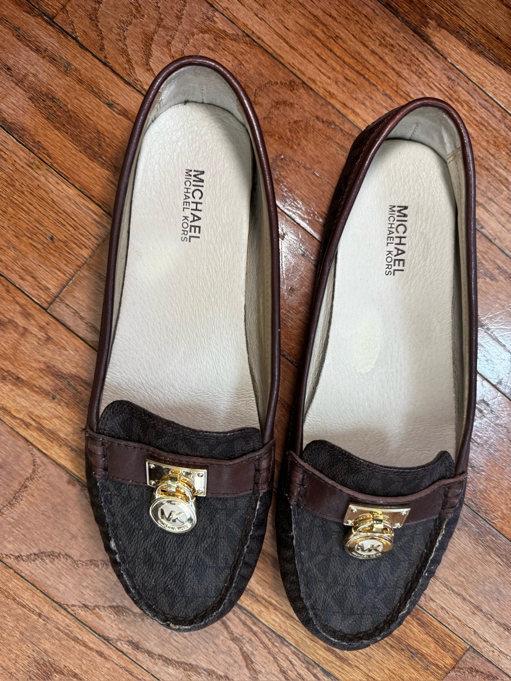 Michael Kors Brown Logo-Print Canvas & Leather Loafers with Gold Hardware